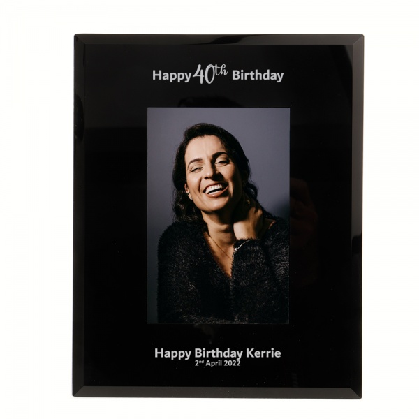 Personalised 40th Birthday Gift Happy 40th Birthday photo frame 6x4'' or 7x5'' Black Glass